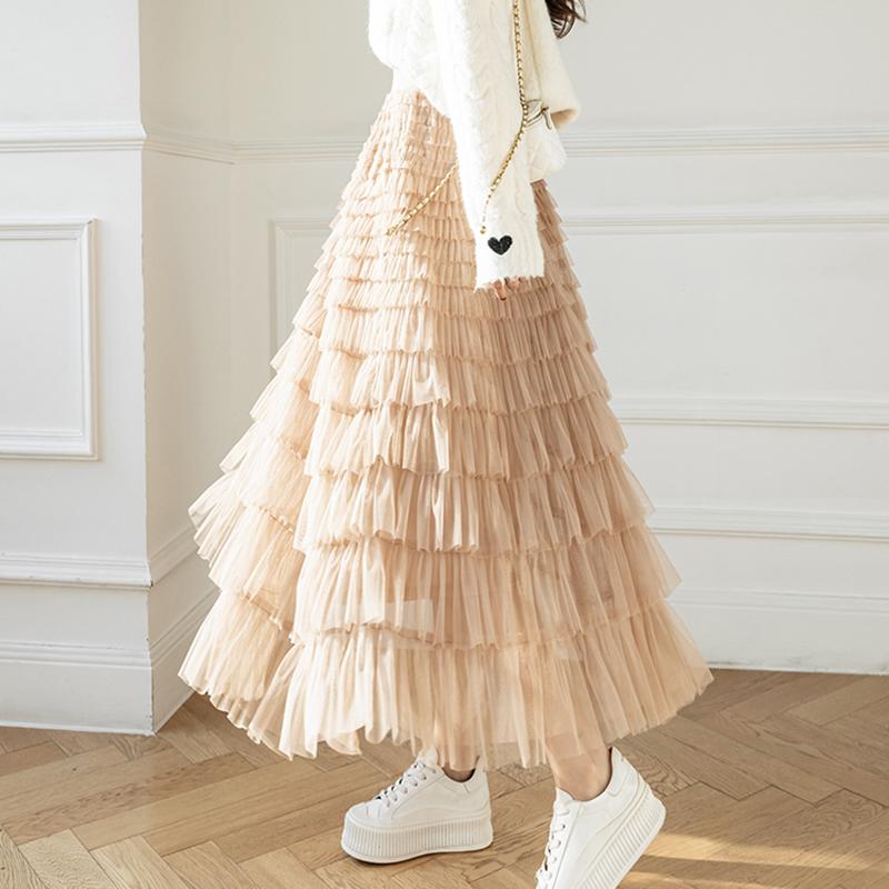 Qooth Осенняя сетчатая пышная длинная юбка в корейском стиле, элегантная винтажная бальное платье с эластичной резинкой на талии и высокой талией, газовая тюлевая юбка QT1989