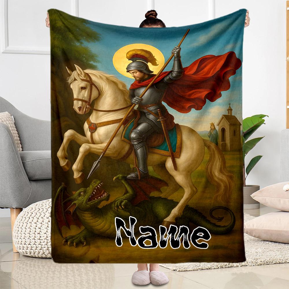 Knight Defeats Dragon Personalized Text Blanket Cozy Customizable Blanket Durable Comfort for Bed Nap Couch Sofa All-Season Use