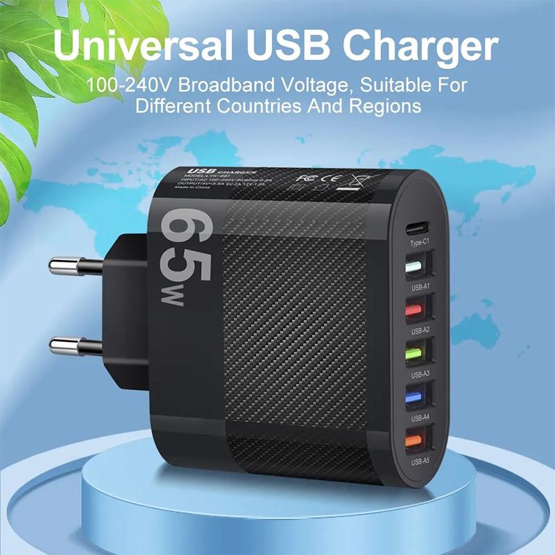 3.1A 5 портов USB Быстрая зарядка PD Type C Адаптер для зарядки для Xiaomi iPhone Samsung Мобильный телефон Вилка для зарядки QC 3.0 Настенное зарядное устройство