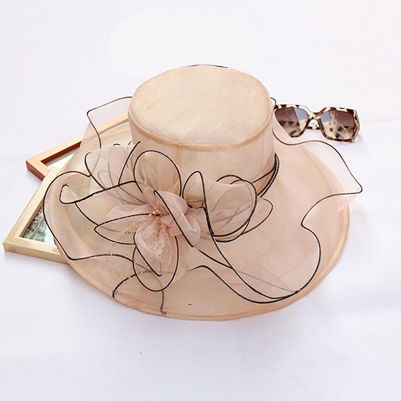 Vintage Organza Wide Brim Hat For Women Church Dress Bridal Wedding Hat Floral Mesh Sun Hat Party Beach Caps