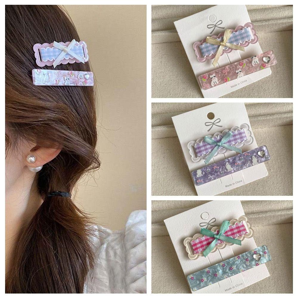 2Pcs/set Korean Style Bow Plaid Hair Clip Barrettes Korean Hair Clip Cartoon Cat Hairpin  Holiday
