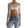 Women T-shirt, Long Sleeve Off-shoulder Pleated See-through Patchwork Ladies Crop Top
