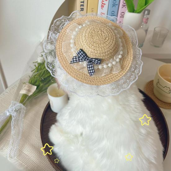Mini Pet Straw Hat with Lace Adjustable Sun Protection Straw Hat with Bow Handwoven Outdoor Pet Accessory for Small Cats And Dogs