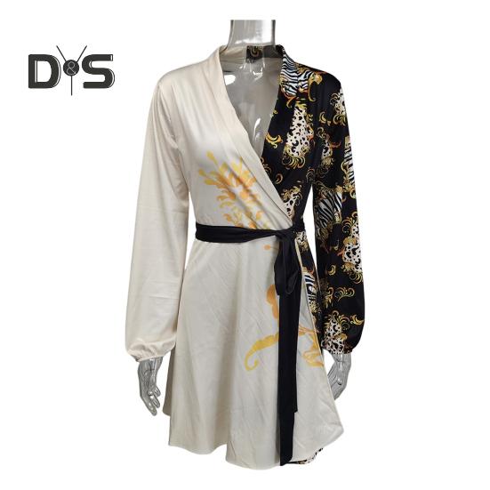 Весна-осень Женское платье со шнуровкой на талии, завязывающимся лацканом, V-образным вырезом, А-силуэтом, подходящим по цвету, пальто с длинными рукавами, деловое мини-платье для поездок на работу