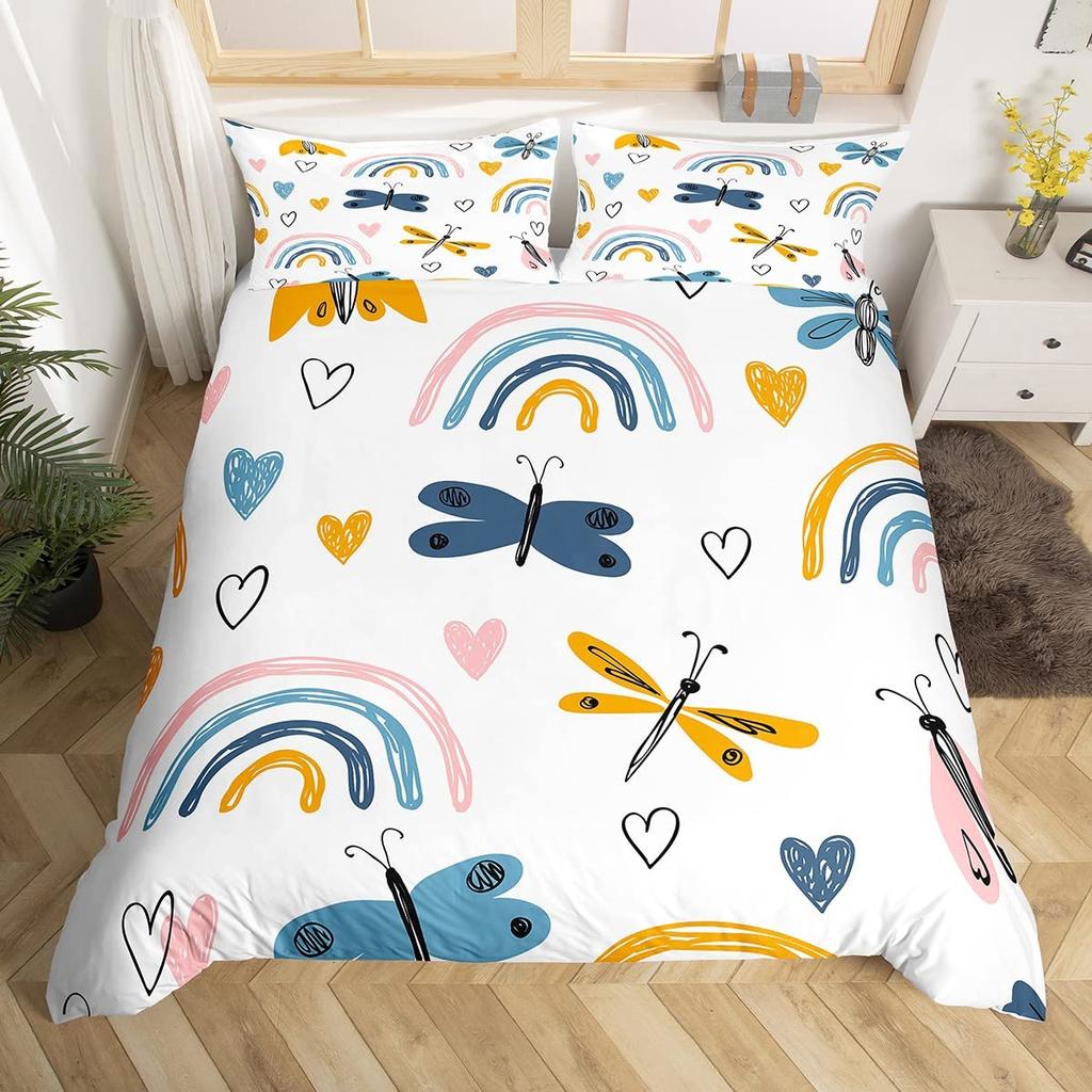 Lovely Rainbow Duvet Cover Sun Crown Cloud Rain Bedding Set Stick Figure Art Comforter Cover Kids Bedroom Polyester Quilt Cover