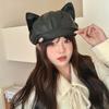 Niche design cat ears black beret female sweet and cute versatile big head circumference octagonal cloud newsboy hat