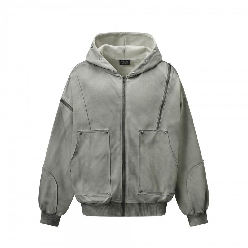 American Street Hip Hop Hoodie Distressed Washed Zip Up Sweatshirt Loose Fit Teens Casual Wear