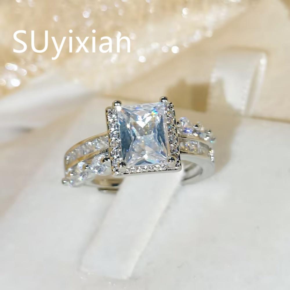 925 Sterling Silver Fashion High Sense Zircon Sugar Cube Opening Ring Birthday Party Anniversary Gift