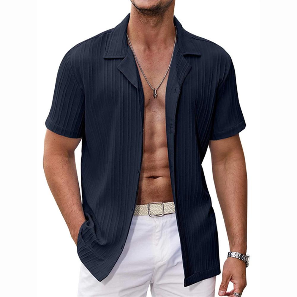 Летний топ, повседневные мужские рубашки, однотонная полосатая рубашка с короткими рукавами и лацканами, пляжная повседневная блузка большого размера