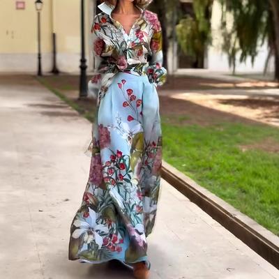 Женские комплекты с принтом, элегантные, романтические, курортный стиль, с ремешками на талии, с длинными рукавами, V-образным вырезом, рубашка, длинная юбка