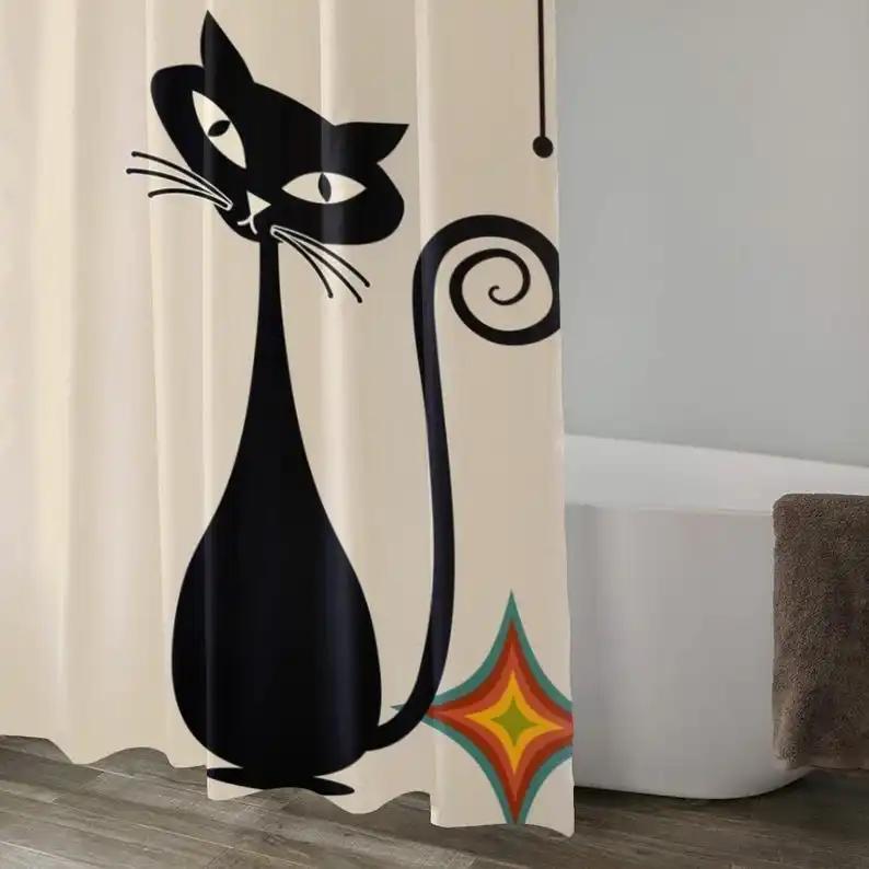 Шторка для душа с атомными кошачьими полосками и звездным ливнем, ретро, Mid Century Modern, декор ванной в стиле MCM, китч, любитель черных кошек