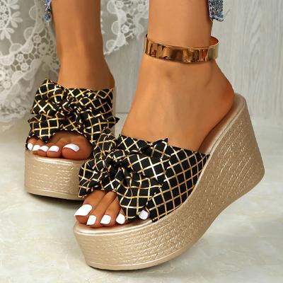 Модные сандалии на массивной платформе с бантом, женские модные сандалии на танкетке с клетчатым узором, женские летние шлепанцы для пляжа на толстой подошве