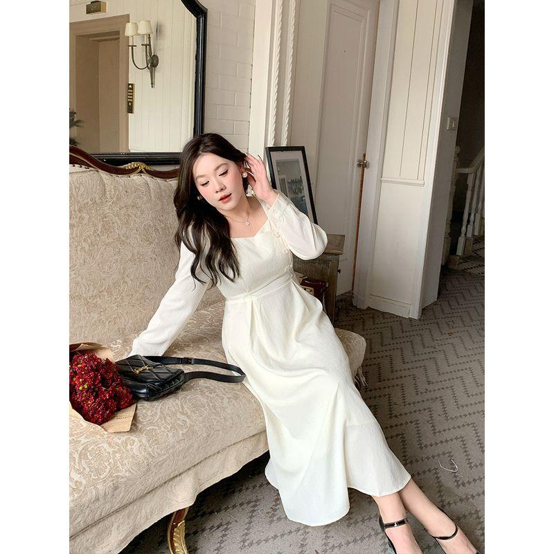 Belly Not Meat Plus Size Women's Clothing New Chinese Style Improved Cheongsam Dress Plus Size Ladies Temperament Waist-Controlled Slim White Dress