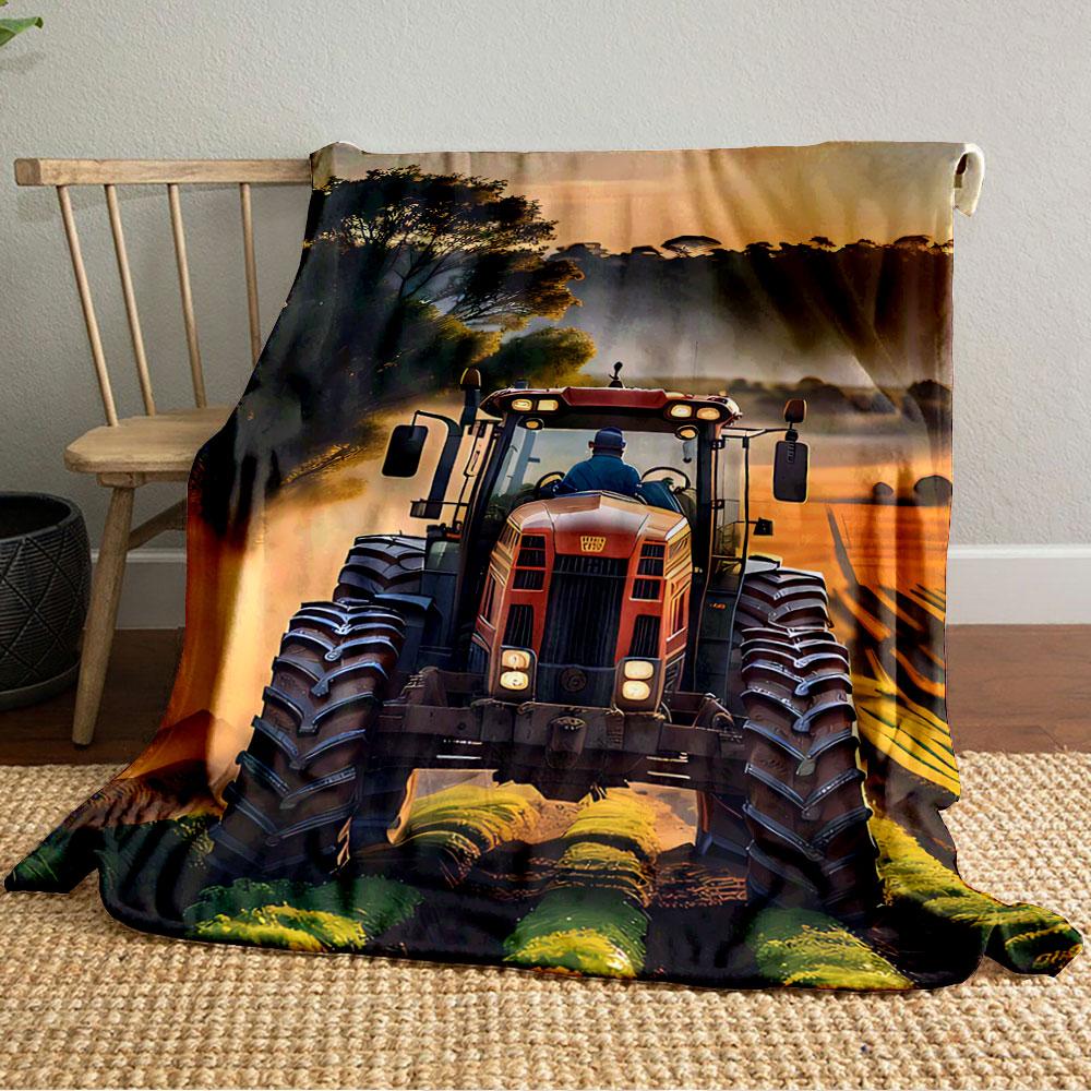 Tractor in Scenic Sunrise Field for all seasons blanket lunch break throw gift