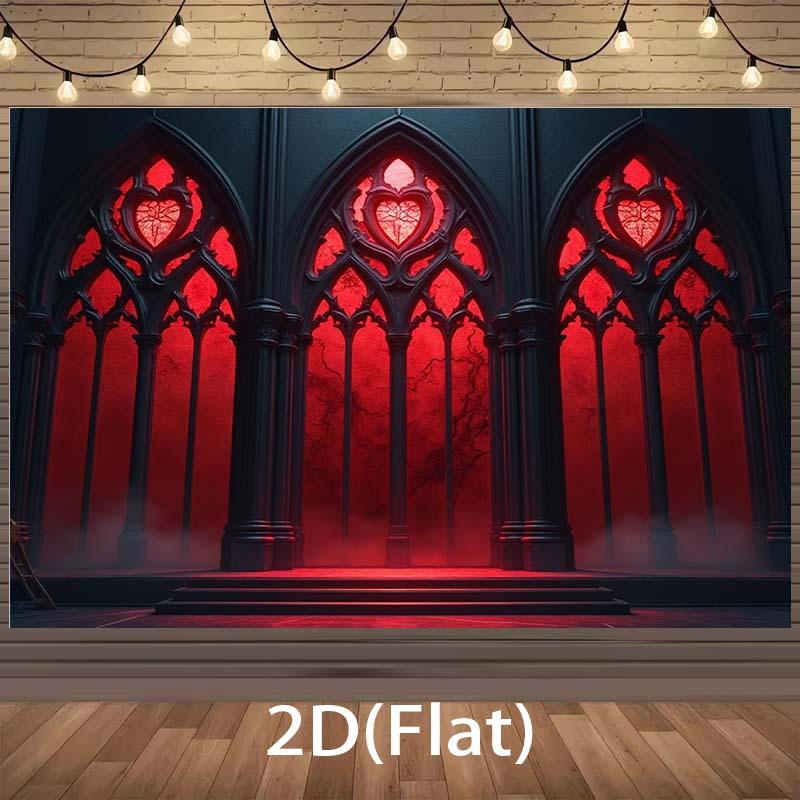 2D plane, 1 Gothic window party banner - red fluorescent effect Gothic arch decoration, durable polyester fiber