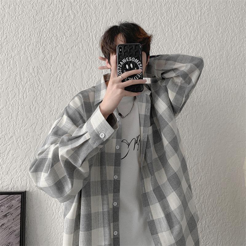 Осенняя клетчатая рубашка мужская с длинными рукавами в стиле Гонконга, классная повседневная рубашка