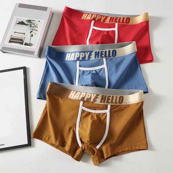 Men Boxer Underwear with Ball Support Letter Print Elastic Mid-rise Separated Pouch