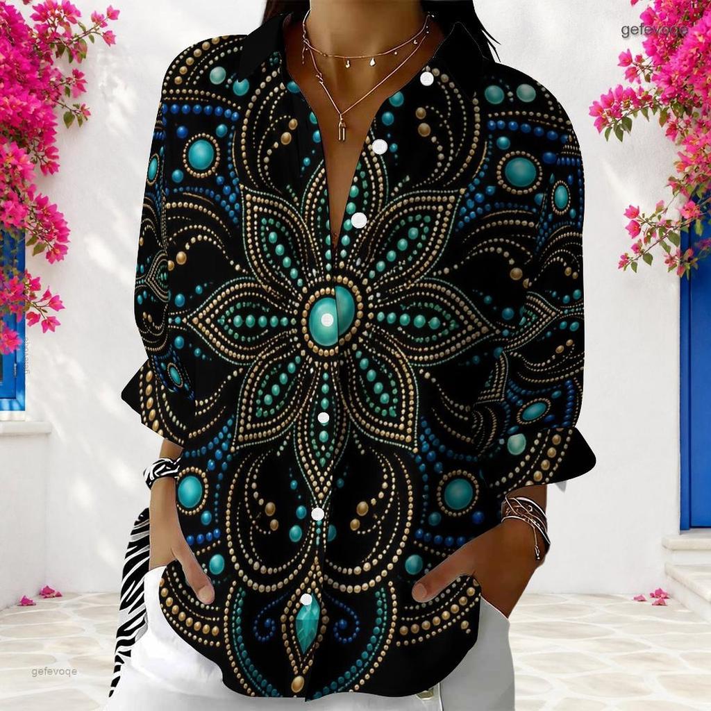Women Plus Size Collared Neck Long Sleeve Button Front Black Purple Gem Printed Shirt