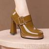 Весна и осень новая мода высокие каблуки мода квадратная пряжка круглый носок толстый каблук туфли-лодочки женские лакированная кожа женская обувь
