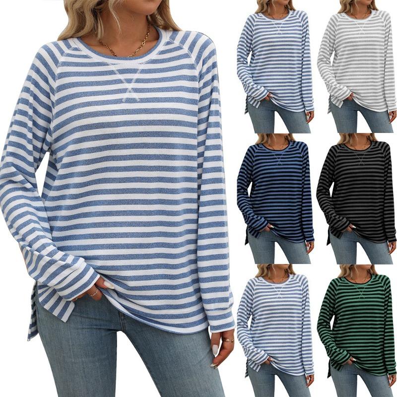 Autumn Winter Striped Contrasting Round Neck Long Sleeved Loose T-shirt Top for Women