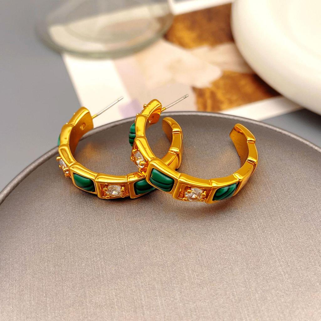 Винтажные европейские и американские серьги-каффы из малахита в форме буквы С: Роскошные ювелирные изделия класса люкс для женщин