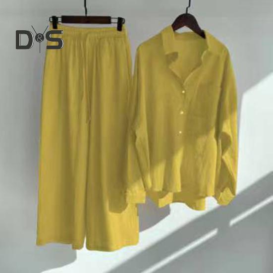 2 шт./компл., женская рубашка больших размеров, комплект брюк, сплошной цвет, блузка с воротником с лацканами и длинными рукавами, высокая талия, свободные широкие брюки, комплект, повседневная одежда для поездок на работу