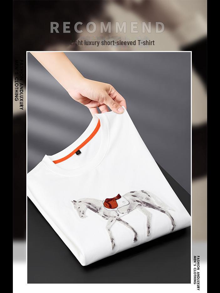 Футболка мужская из шелка Ice Silk с вышивкой European Light Luxury Embroidered Warhorse – с короткими рукавами, дышащая, с круглым вырезом, модный летний стиль