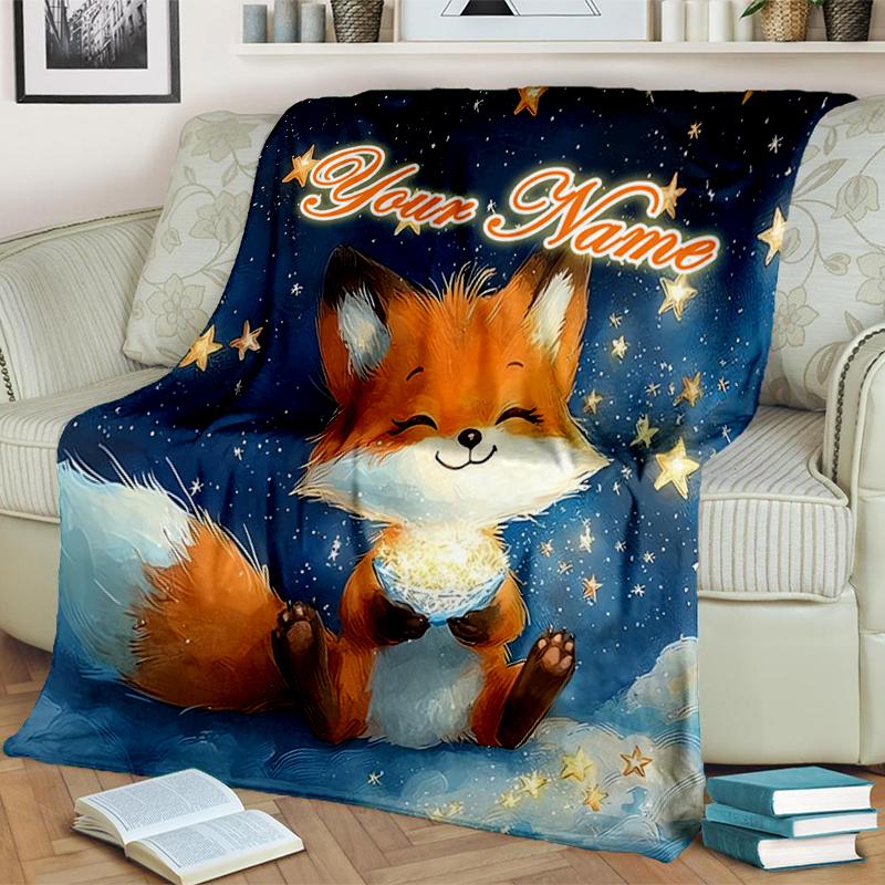 1PC Custom Name Fox Stars flannel blanket versatile,all-season throw suitable for the living room,bedroom,camping,travel,and gift