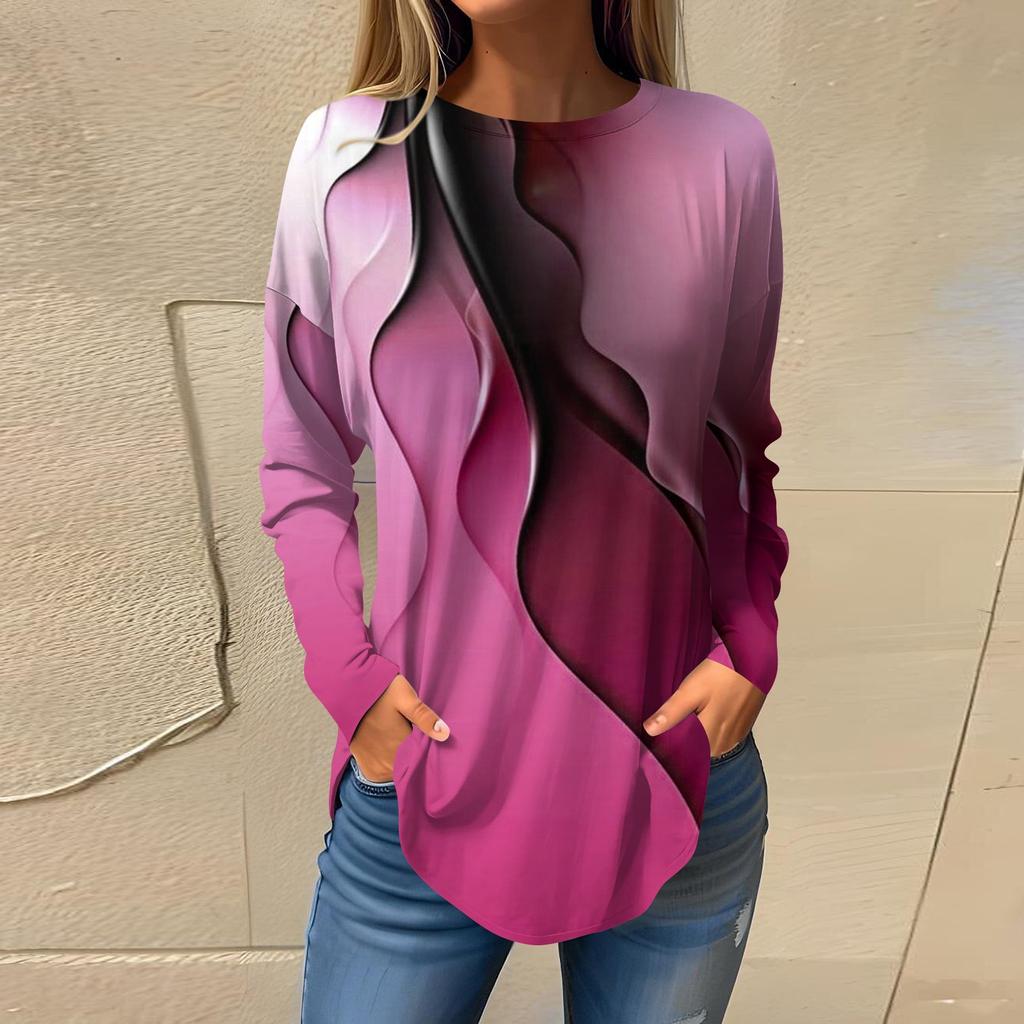 Женская свободная футболка с длинным рукавом с круглым вырезом и принтом, верхний пуловер