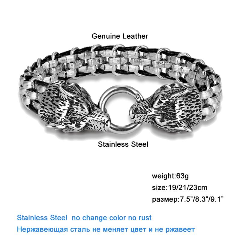 Wolf Head Bracelets Men's Stainless Steel Chain Charm Leather Punk Biker Jewelry Rock Viking Wristband Fashion Accessories Gifts