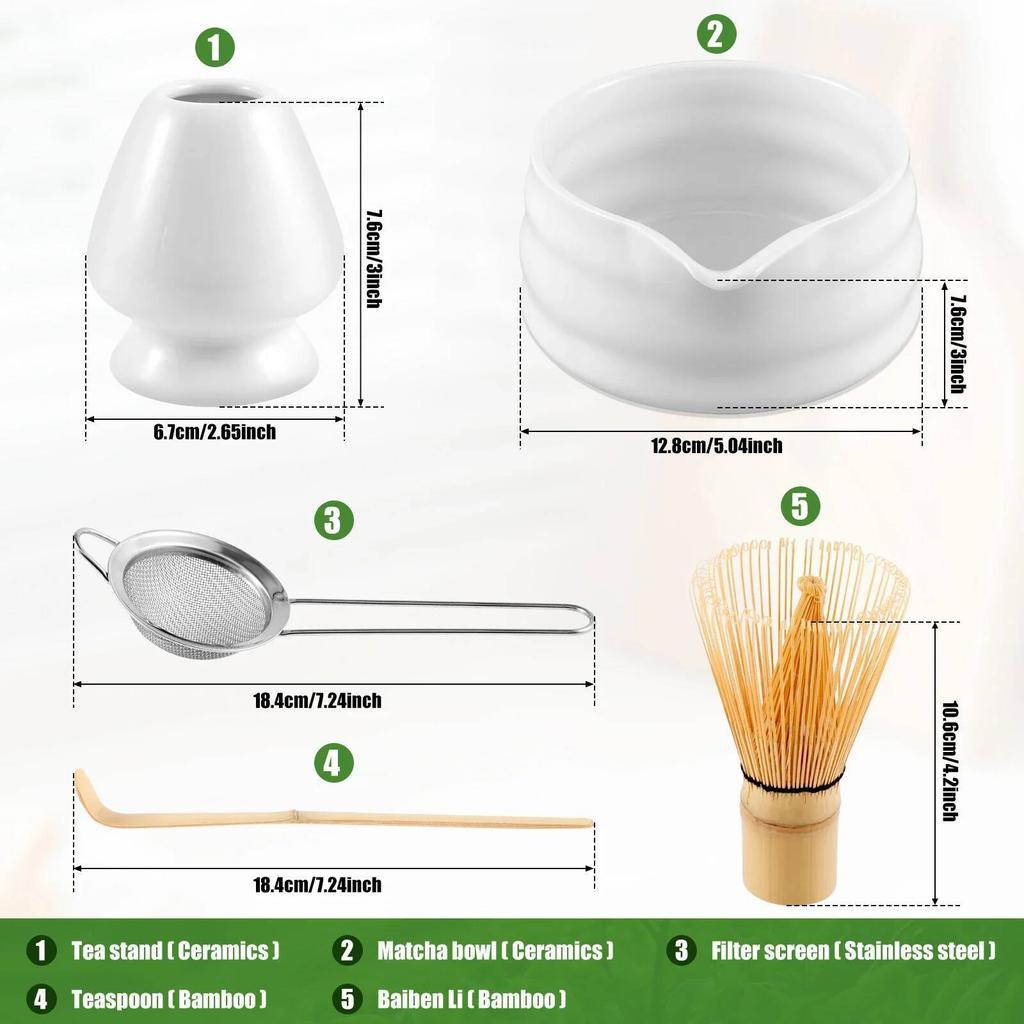 Набор венчиков для матча Керамическая чаша для матча с носиком для наливания Венчик для матча из бамбука Сито из нержавеющей стали Керамический держатель для венчика из бамбука Совок