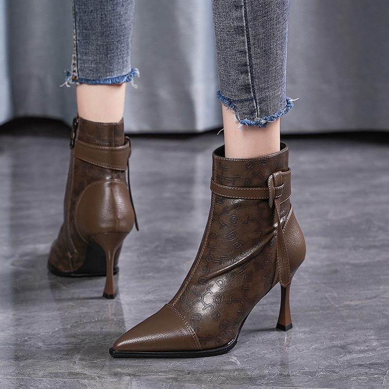 Fashion Woman Short Shoes Heeled Fur Very High Heels Leather Punk Style Booties Pointed Toe Combat Ankle Boots for Women Quality Autumn