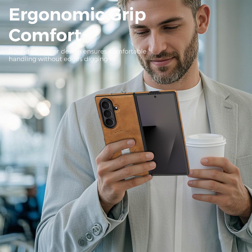 For Samsung Galaxy Z Fold7 5G Magnetic Case Rotating Kickstand Leather Coated PC Phone Cover