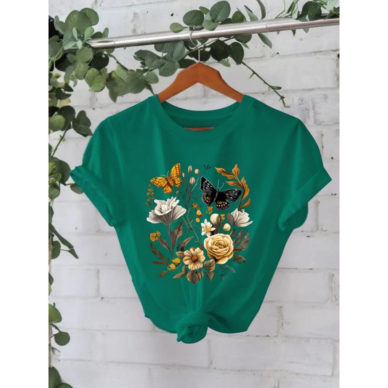 Футболка из хлопка, летняя, с коротким рукавом, круглым вырезом, с цветочным узором, женская