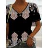 New plus-size printed short-sleeve T-shirt for women, casual V-neck, loose, comfortable, versatile top