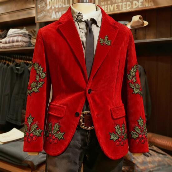 Men Corduroy Suit Coat Single-Breasted Suit Jacket Lapel Long Sleeve 3D Christmas Themed Print Slim Fit Suit Jacket Formal Stage Wear