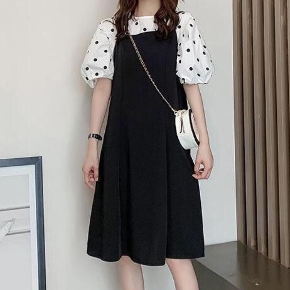 A-line Suspenders Dresses Women Dot T shirt Dress All-match Two Piece Set Dress Student