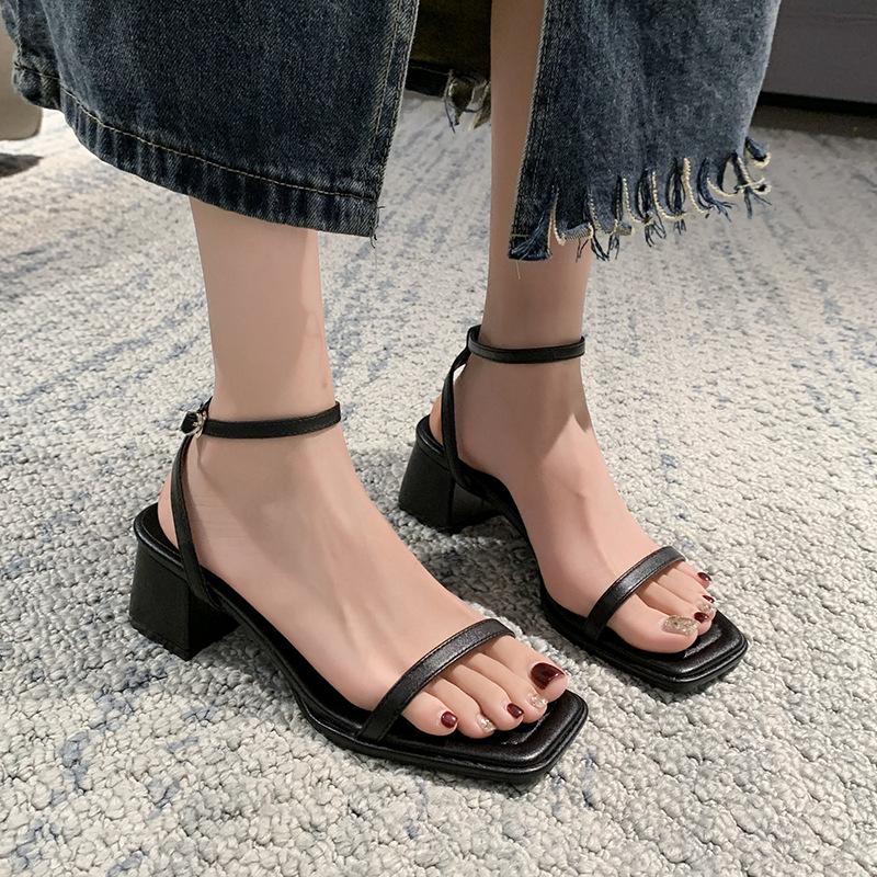 Sandals for Women Summer New Fashion Open Toe Ankle Strap High Heels Outdoor Square Low Ladies Elegant Dress Sandalias Mujer