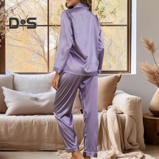 Пижамный костюм из 2 предметов, атласный однобортный кардиган, рубашка с V-образным вырезом, воротником-стойкой, однотонная рубашка с нагрудным карманом, широкие свободные брюки, ночная рубашка