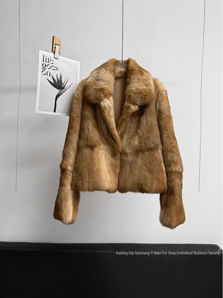 Women's Fashionable Two-Tone Real Rabbit Fur Collar Coat - 2025 Casual Short Style