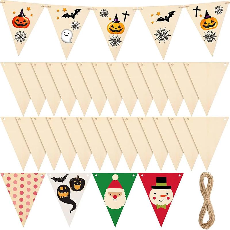 20/30 DIY wooden triangle banner, blank wood chip hanging, suitable for home, Halloween and Christmas crafts