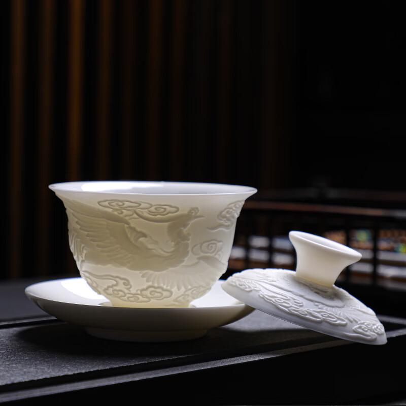 Mutton Fat Jade Style Embossed White Porcelain Gaiwan Tea Set
