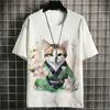 Cat Samurai Pattern T Shirt For Men Trendy Animal 3D Printed Tees Casual Short Sleeve Oversized Street T-Shirts Round Neck Tops