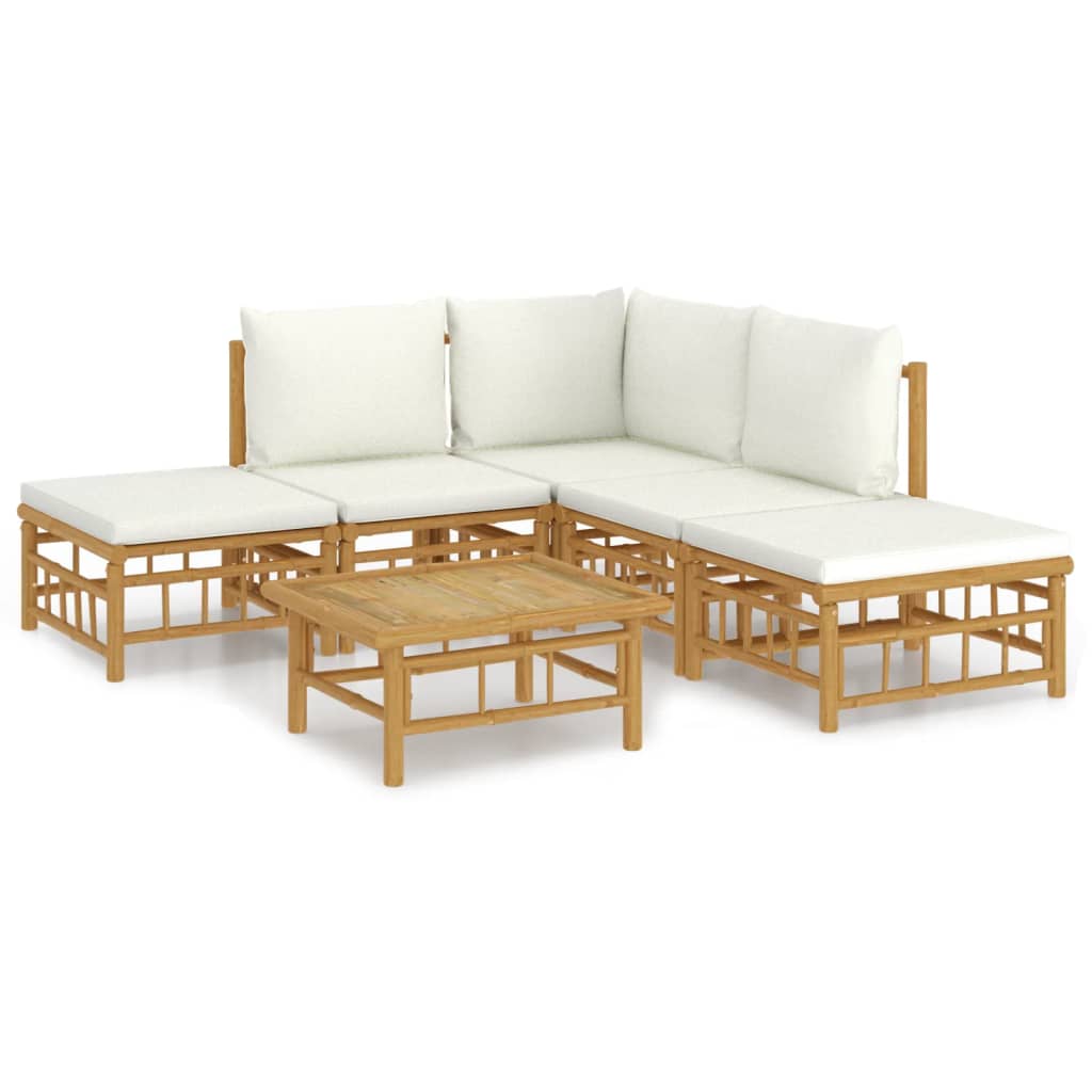 6 Piece Garden Lounge Set with Cream Colored Cushions Bamboo