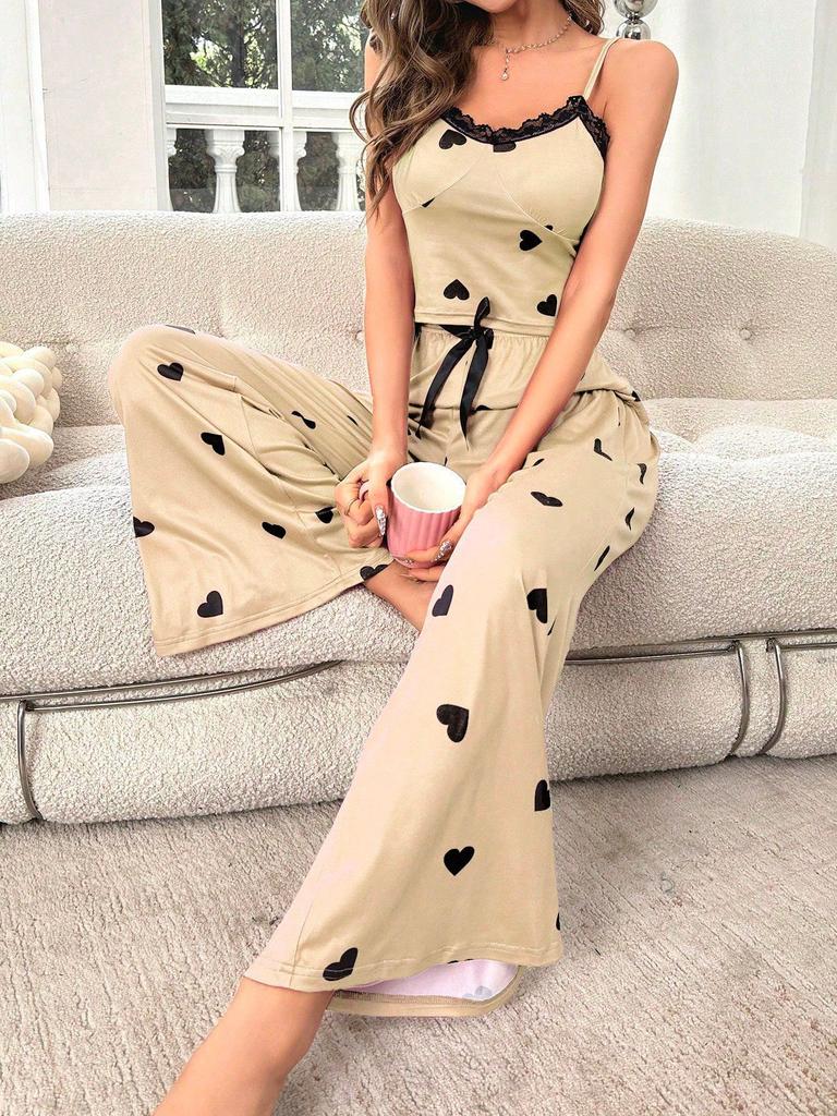 [Customized] New European and American love printing suspender pajamas set casual loungewear women's summer