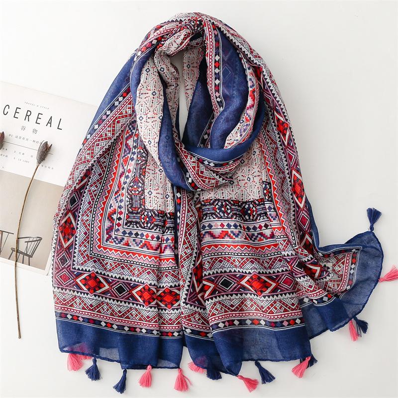 Boho Chic Floral Print Tassel Scarf for Women - Lightweight Polyester, Windproof & Sun-Protective Shawl with Ethnic Patterns