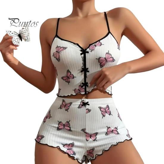 2 Pcs/Set Women Summer Pajamas Suit Butterfly Heart Printing Sleeveless Backless Cop Top High Waist Mini Shorts Daily Nightie Slim Fit Sleepwear