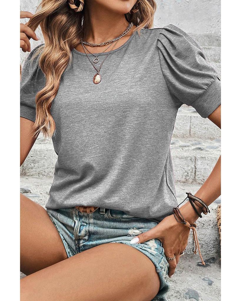 Azura Exchange Light Grey Pleated Puff Sleeve Knit Tee