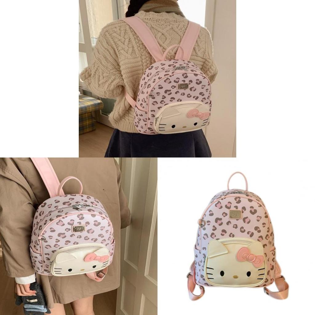 Hello Kitty Cute Leopard Print Pu Backpack With Multiple Compartments For Teens