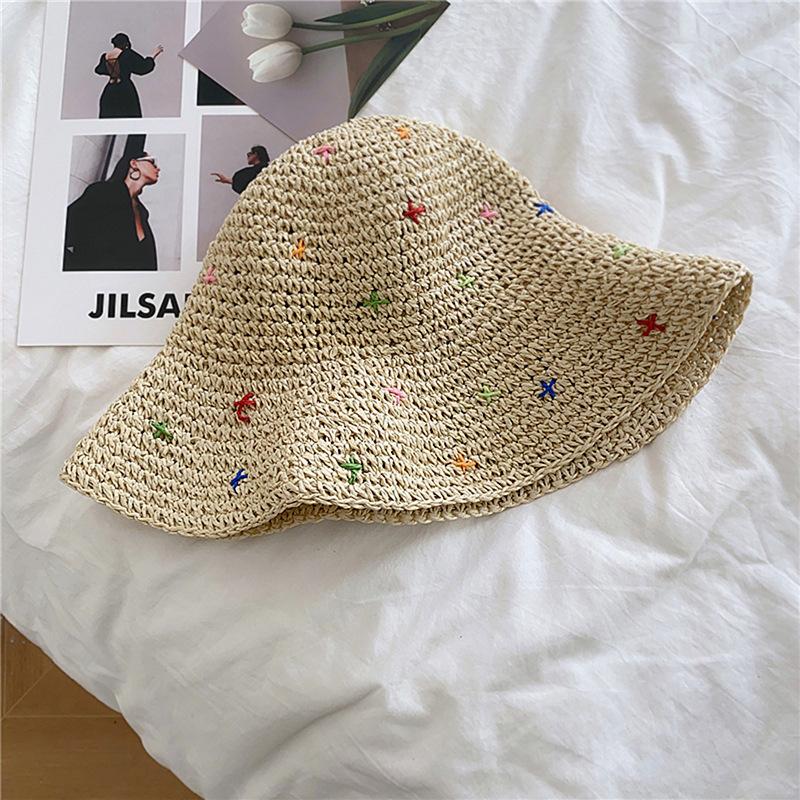 Women's Summer Colorful Sweet Woven Straw Hat Beach Hollow Out Crochet Sun Protection Hat Vacation Wide Brim Sunshade Hat